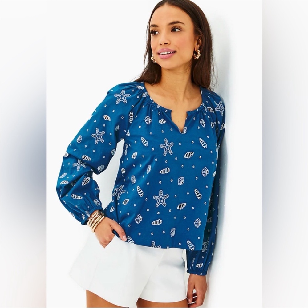Lilly Pulitzer • Maisha Eyelet Blue & White Starfish Embroidered Blouse Sz LG